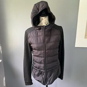 Bcbgmaxazria black zip up fleece lined hooded puffer jack with pockets